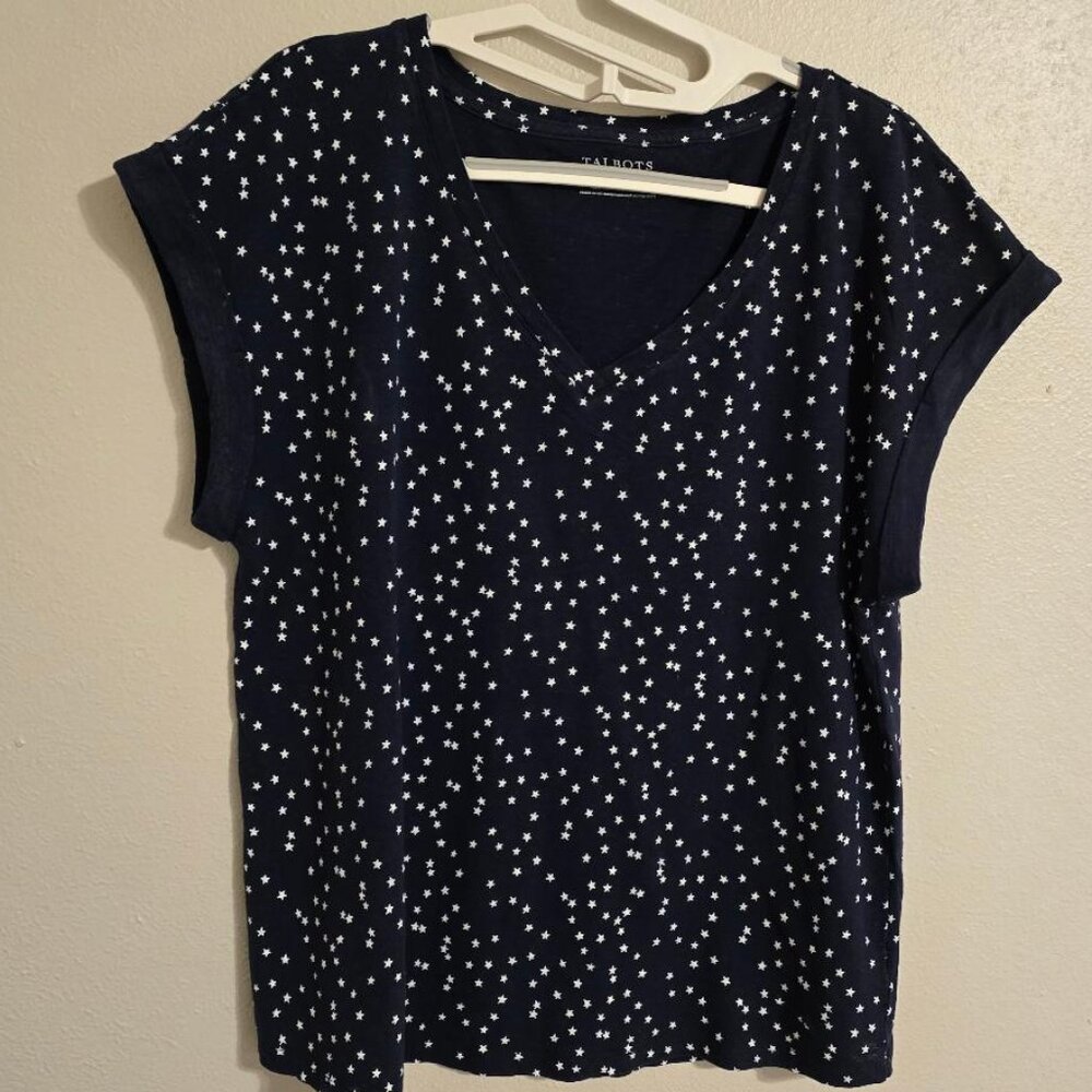 Talbots Navy Blue White Stars V-Neck Linen Cuff Sleeve Tee Shirt Women's Size L